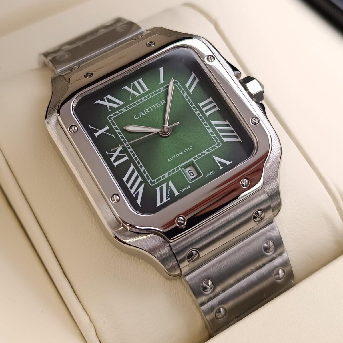 Santos de CRT Silver frame Quartz Green dial