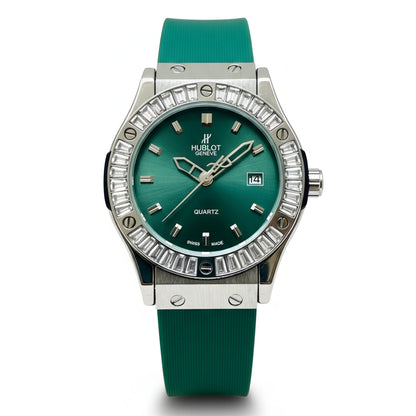 HUB Geneve Women's Silver & Green Rubber (Baguette Bezel)