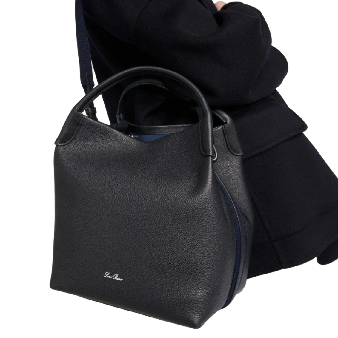 Lo Pia - Small Bale Bag – Navy Blue Grained Calfskin Size: 21 x 17