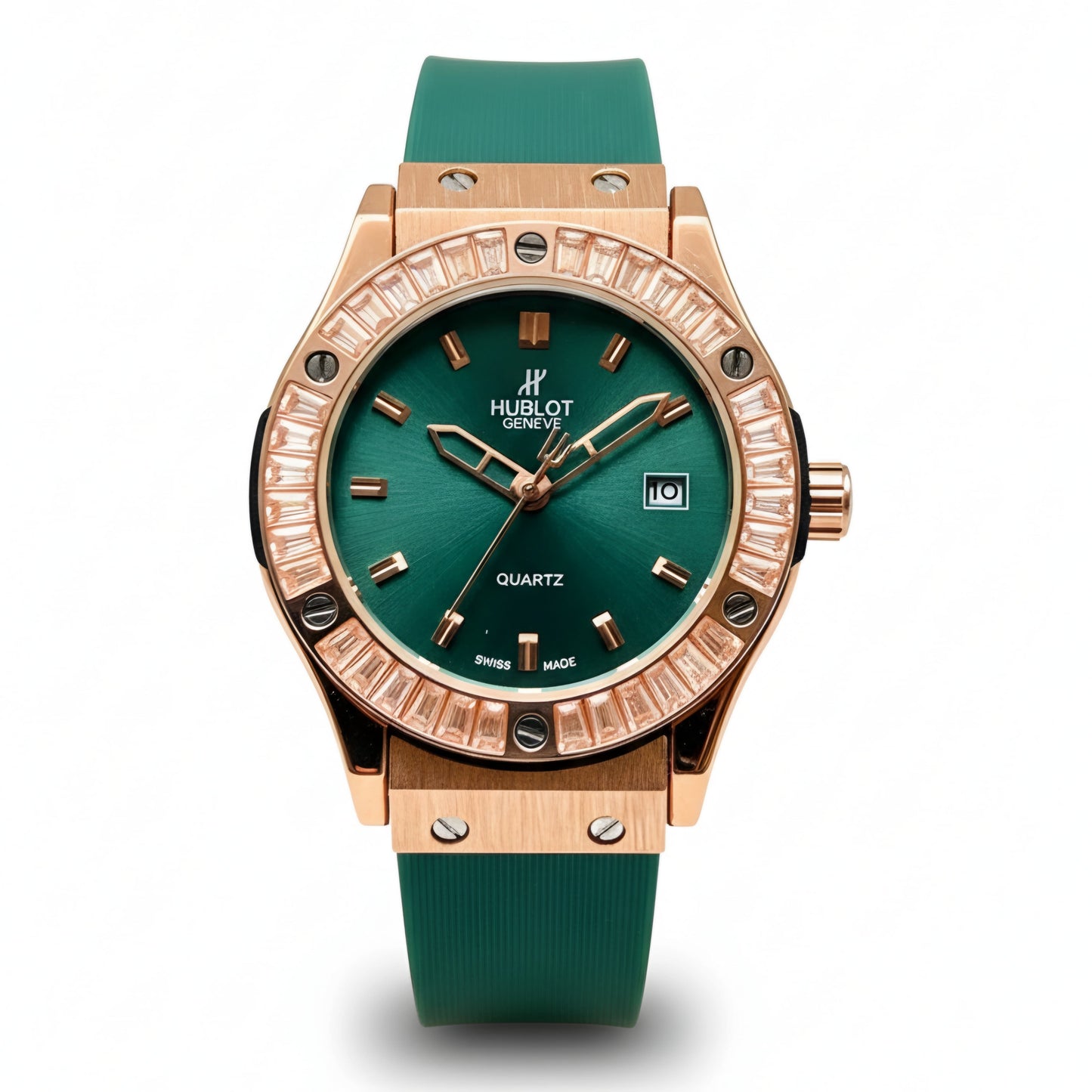 HUB Geneve Women's Rose Gold & Emerald Green Rubber (Baguette Bezel)