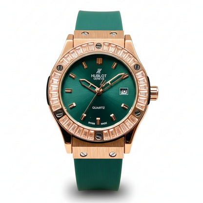 HUB Geneve Women's Rose Gold & Emerald Green Rubber (Baguette Bezel)