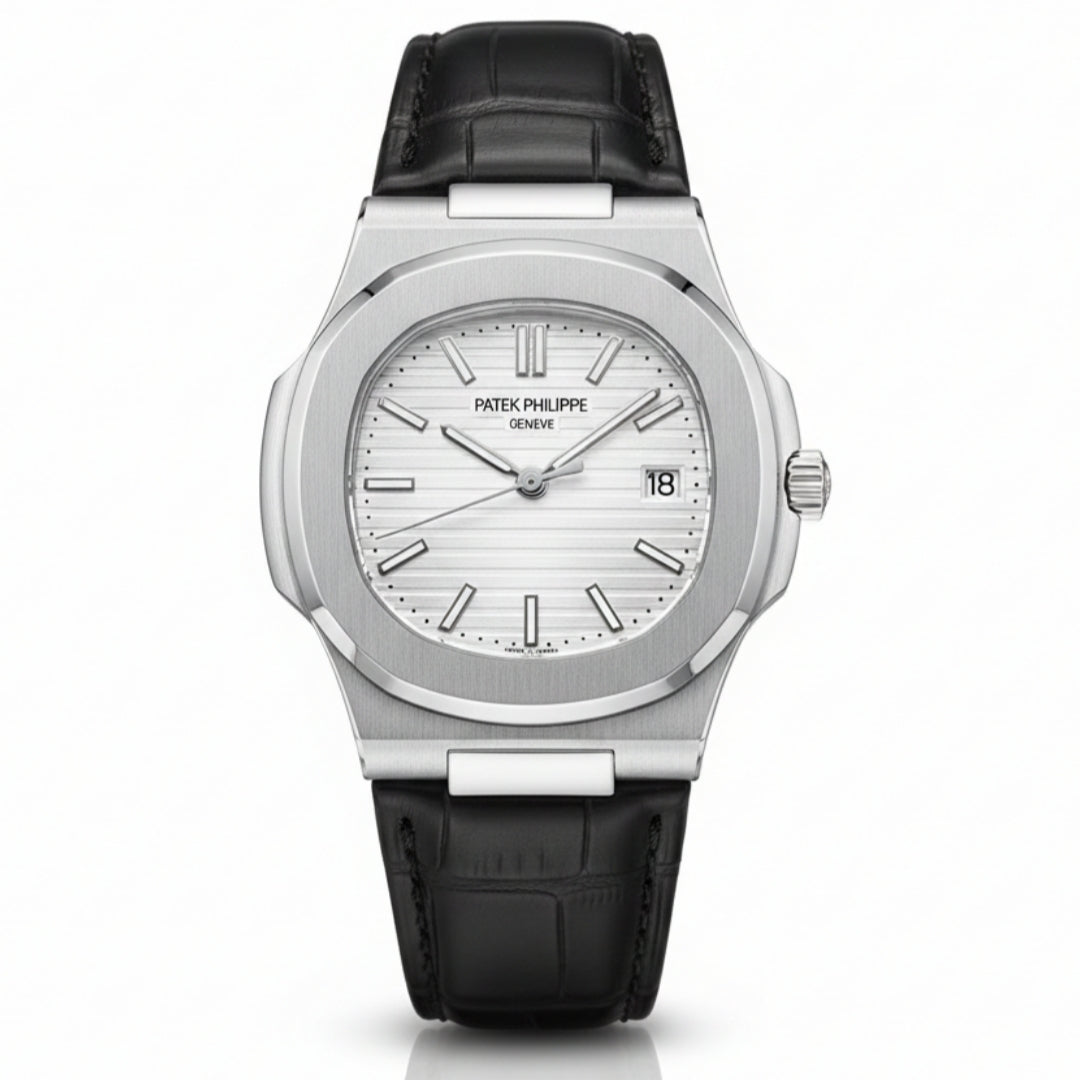 PP Nautilus Silver Steel & Black Leather (Semi-Automatic)