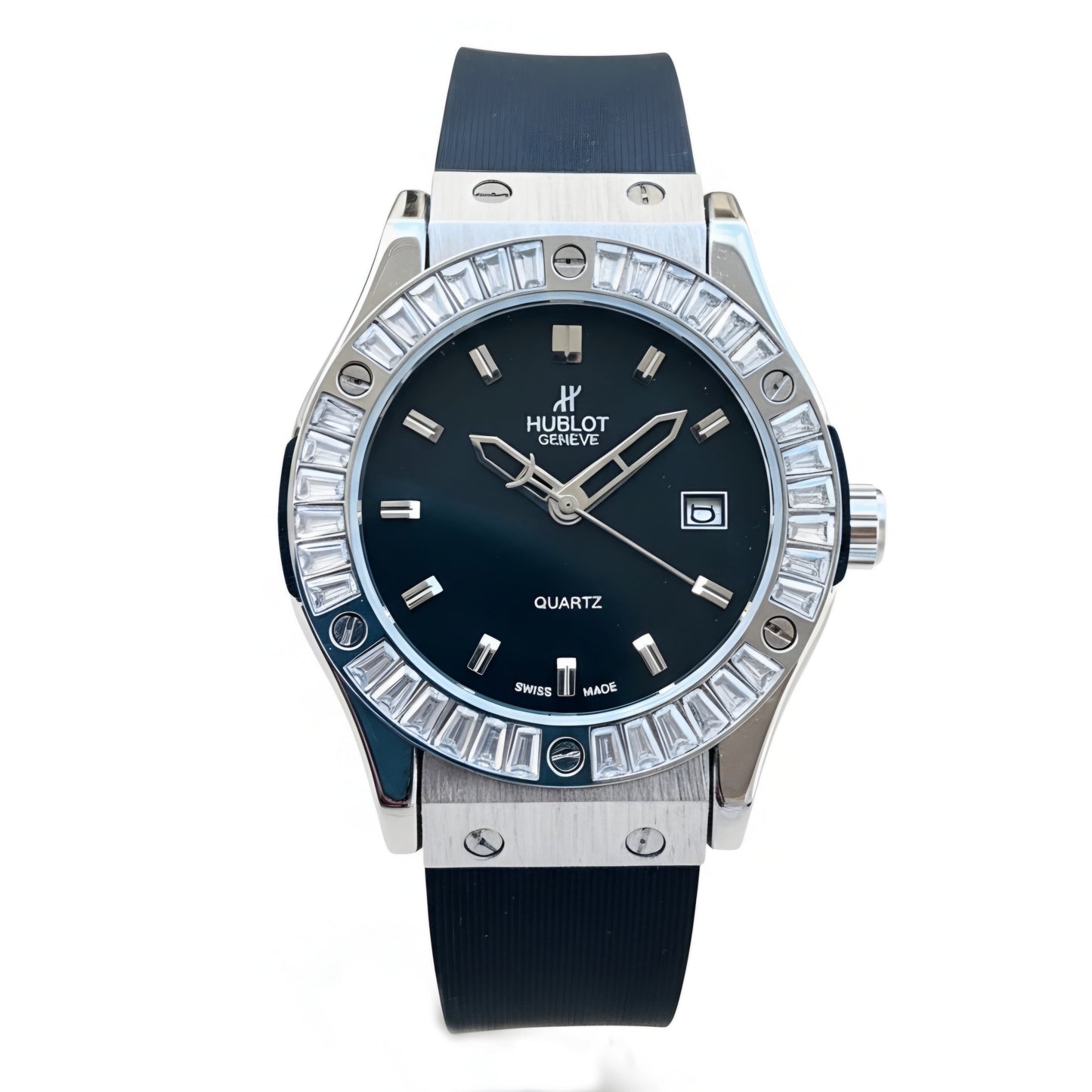 HUB Geneve Women's Silver & Black Rubber (Baguette Bezel)