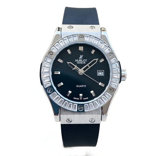 HUB Geneve Women's Silver & Black Rubber (Baguette Bezel)