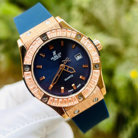 HUB Geneve Women's Rose Gold & Blue Rubber (Baguette Bezel)