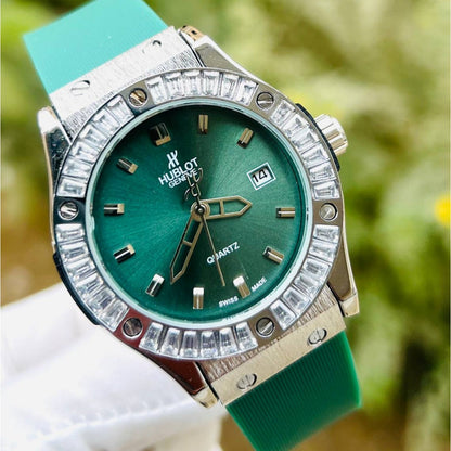 HUB Geneve Women's Silver & Green Rubber (Baguette Bezel)