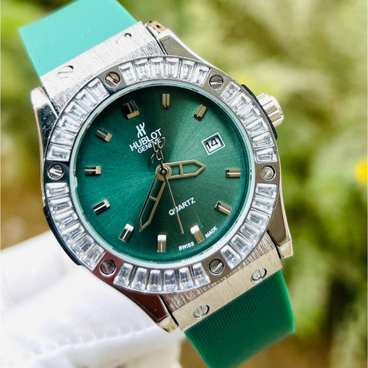 HUB Geneve Women's Silver & Green Rubber (Baguette Bezel)
