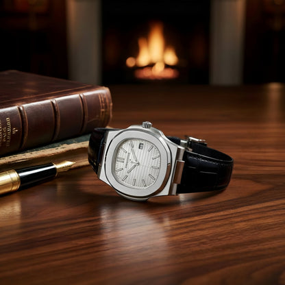 PP Nautilus Silver Steel & Black Leather (Semi-Automatic)