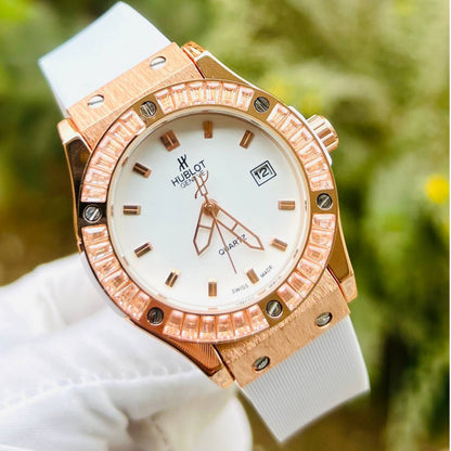 HUB Geneve Women's Rose Gold & White Rubber (Baguette Bezel)