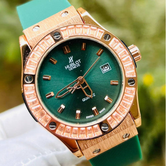 HUB Geneve Women's Rose Gold & Emerald Green Rubber (Baguette Bezel)