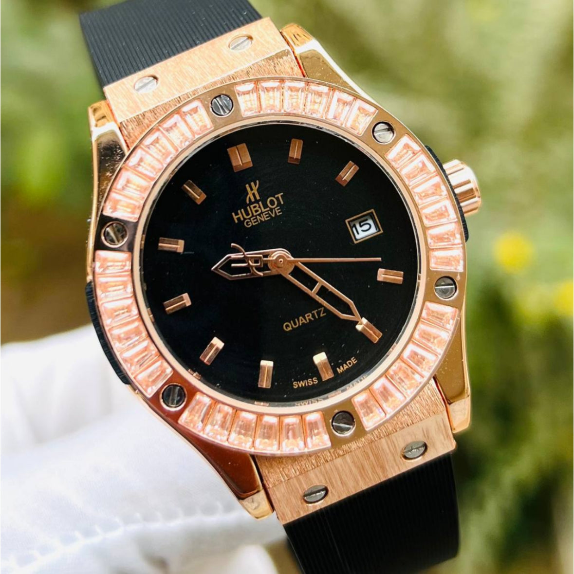 HUB Geneve Women's Rose Gold & Black Rubber (Baguette Bezel)