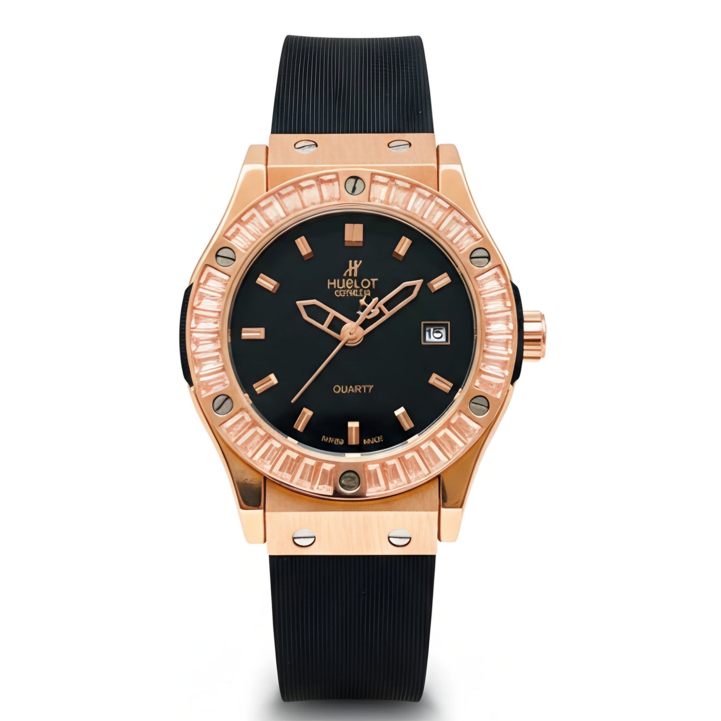 HUB Geneve Women's Rose Gold & Black Rubber (Baguette Bezel)