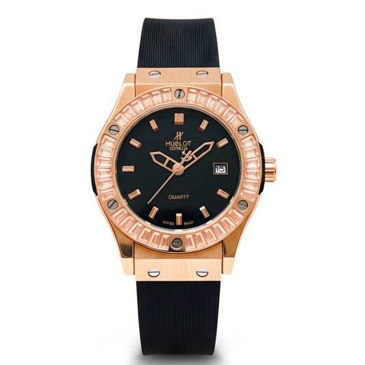 HUB Geneve Women's Rose Gold & Black Rubber (Baguette Bezel)