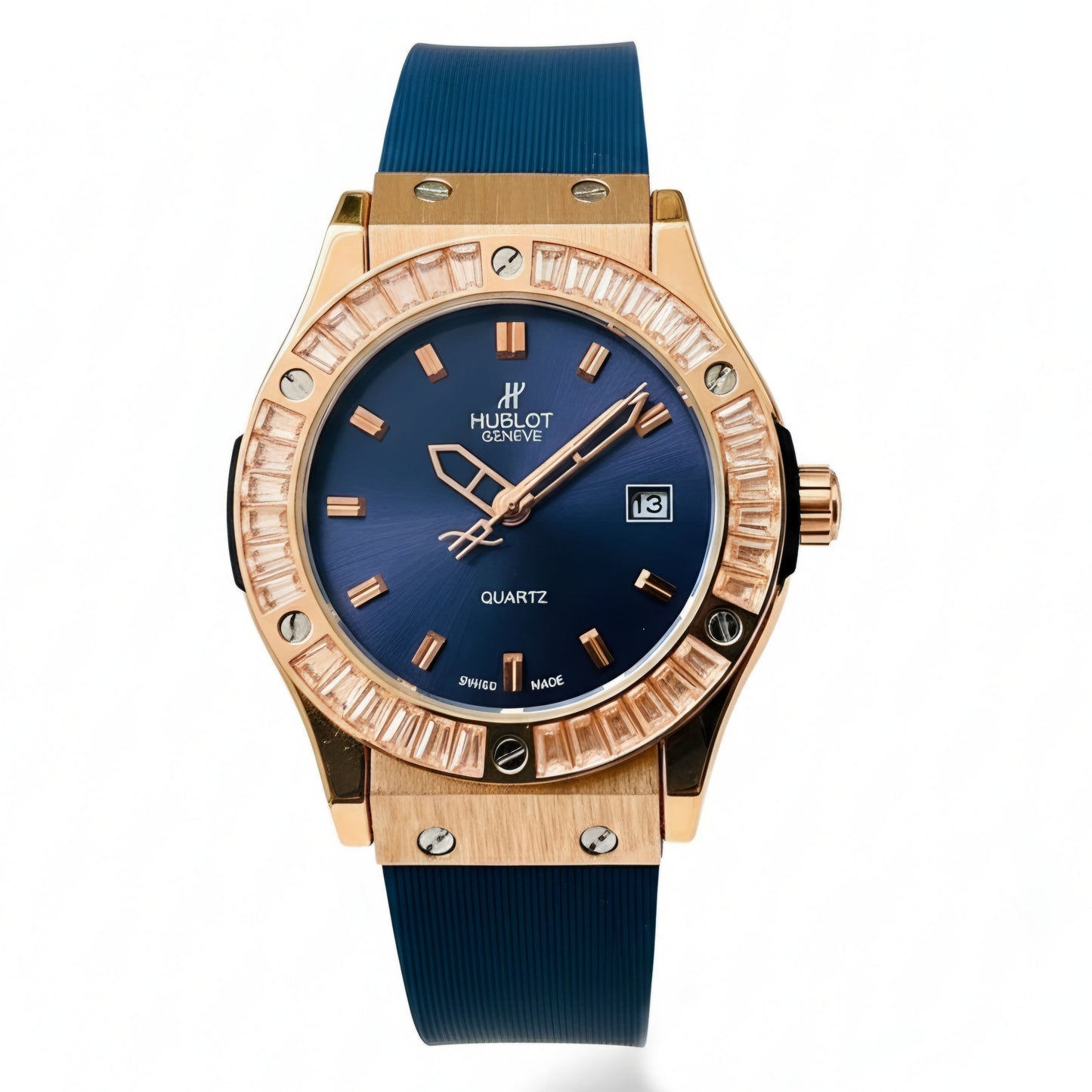 HUB Geneve Women's Rose Gold & Blue Rubber (Baguette Bezel)