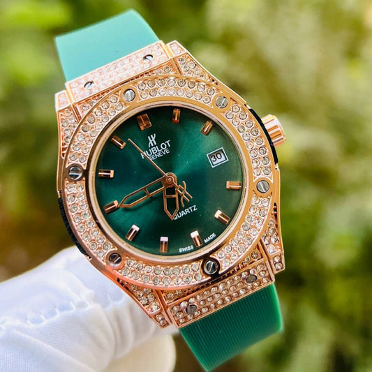 HUB Geneve Women's Rose Gold & Green Rubber