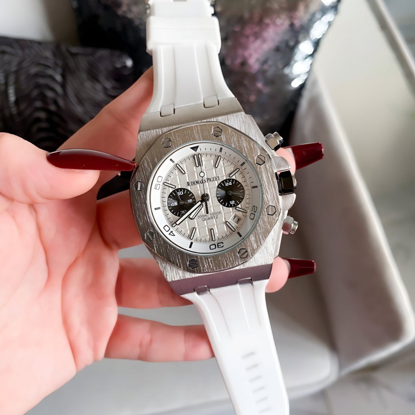 AP Royal Oak Quartz Offshore Diver Chronograph with white rubber strap