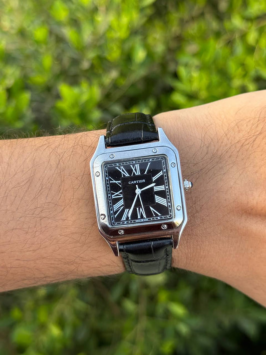 Santos de CRT Silver frame Black dial and Black leather strap