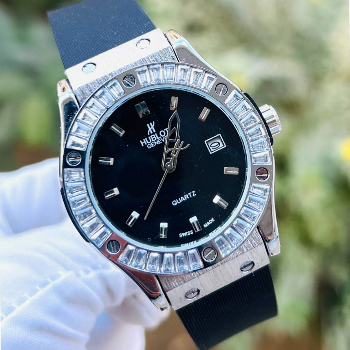 HUB Geneve Women's Silver & Black Rubber (Baguette Bezel)