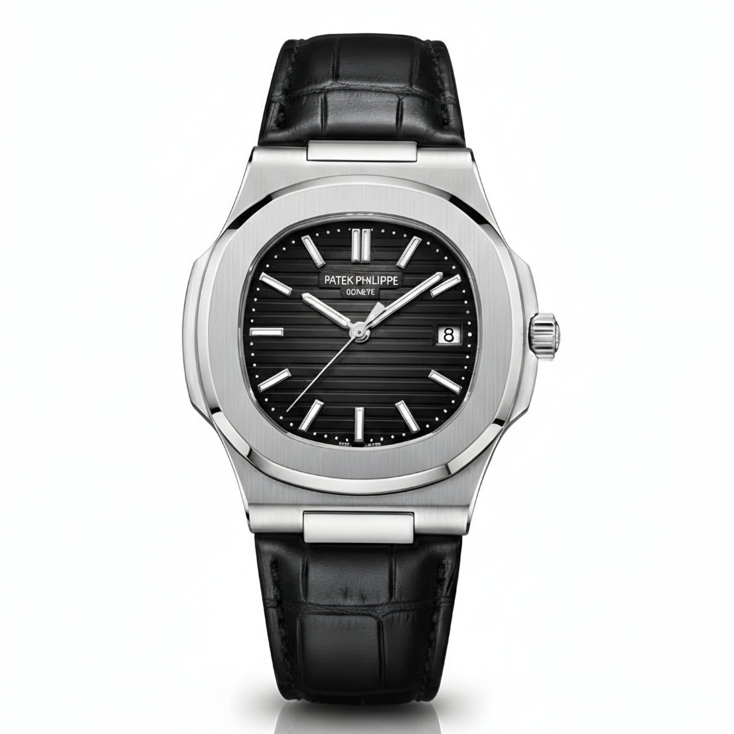 PP Nautilus  Silver Steel & Black Leather Strap (Semi-Automatic)
