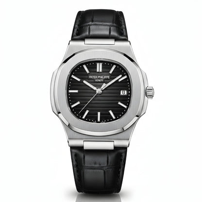 PP Nautilus  Silver Steel & Black Leather Strap (Semi-Automatic)