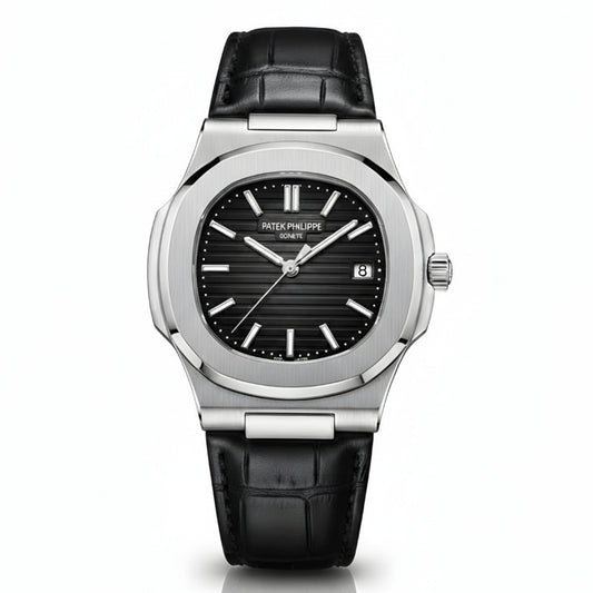 PP Nautilus  Silver Steel & Black Leather Strap (Semi-Automatic)
